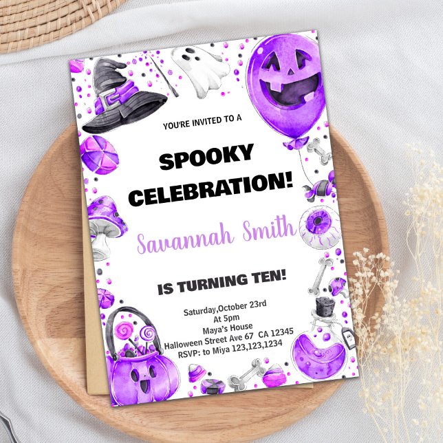 Purple Ballon Halloween Birthday Invitations (Purple Ballon Halloween Birthday Invitations)