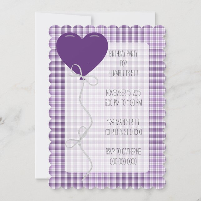 Purple Balloon and Gingham Birthday Invitation (Front)