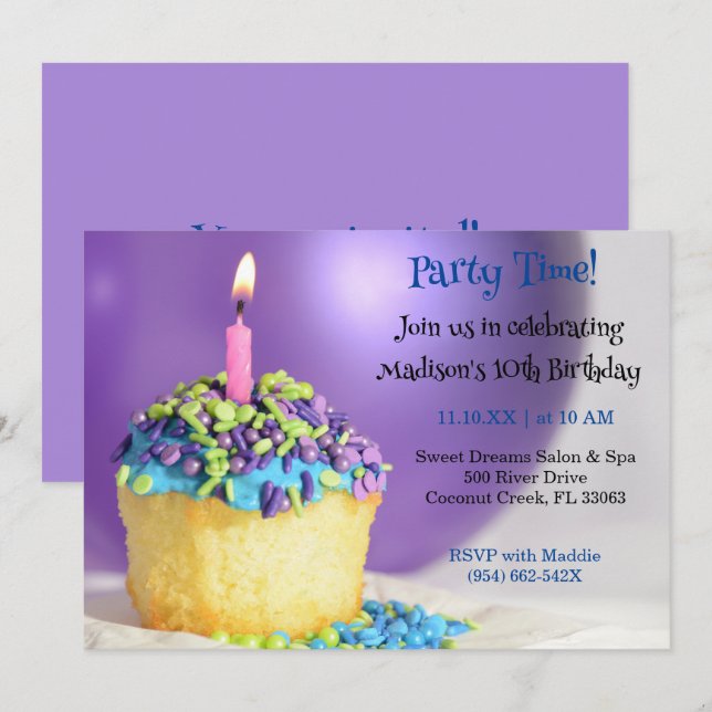 Purple  Balloon blue cupcake Birthday Invitation (Front/Back)