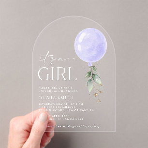 Purple Balloon, Eucalyptus, Greenery, Baby Shower Acrylic Invitations