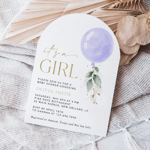 Purple Balloon, Eucalyptus, Greenery, Baby Shower Invitation
