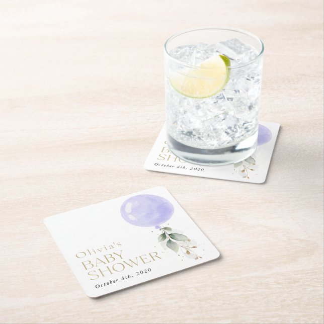 Purple Balloon, Eucalyptus, Greenery, Baby Shower Square Paper Coaster (Insitu)
