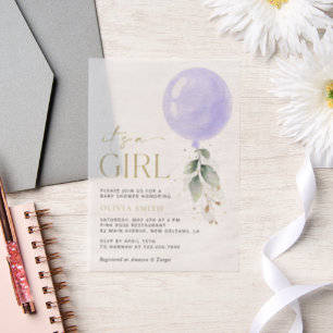 Purple Balloon, Eucalyptus, Greenery, Baby Shower Vellum Invitations