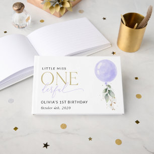 Purple Balloon, Greenery, Foliage, First Birthday Guest Book