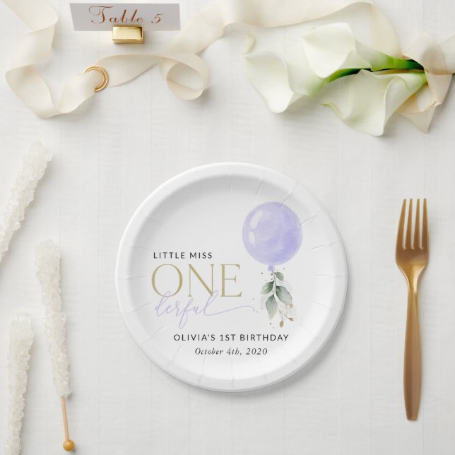 Purple Balloon, Greenery, Foliage, First Birthday Paper Plate (Wedding)