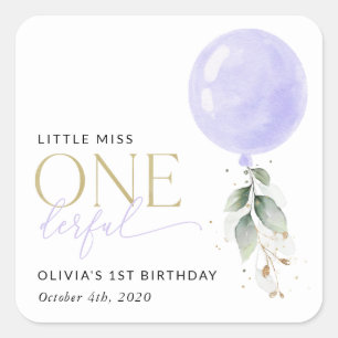 Purple Balloon, Greenery, Foliage, First Birthday Square Sticker