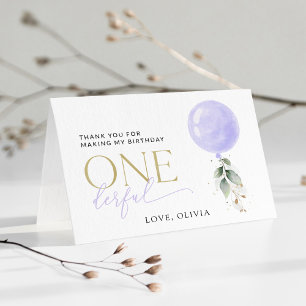 Purple Balloon, Greenery, Foliage, First Birthday Thank You Card