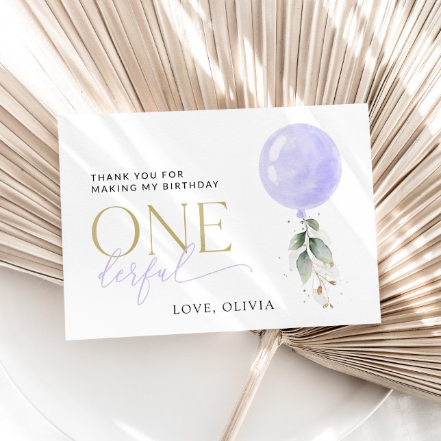 Purple Balloon, Greenery, Foliage, First Birthday Thank You Card (Creator Uploaded)