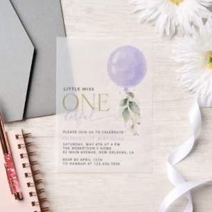 Purple Balloon, Greenery, Foliage, First Birthday Vellum Invitations