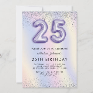 Purple Balloon Number 25th Birthday Holographic Invitation