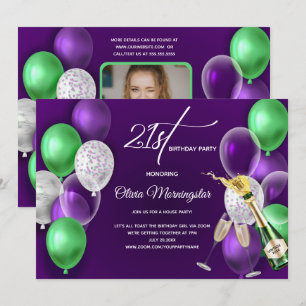 Purple Balloons 21st Birthday Photo  Invitation