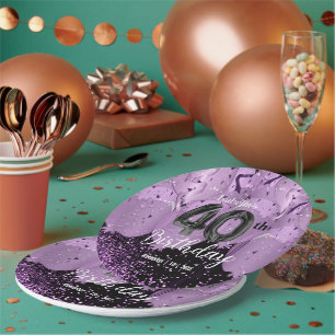 Purple Balloons and Glitter 40th Birthday Paper Plate