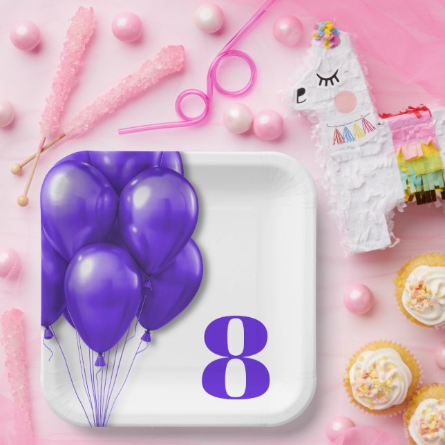 Purple Balloons Childs Birthday Age Template Paper Plate (Party)