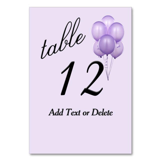 Purple Balloons Custom Text Table Number (Front)