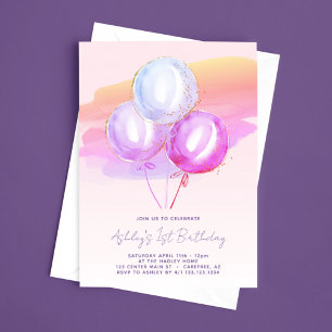 Purple Balloons Girls 1st Birthday Invitation