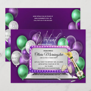 Purple Balloons Laptop Virtual Birthday Party Invitation