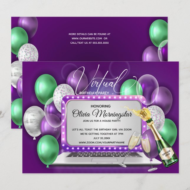 Purple Balloons Laptop Virtual Birthday Party Invitation (Front/Back)
