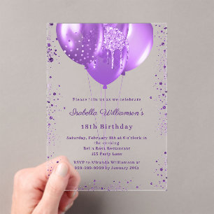 Purple balloons luxury birthday clear acrylic invitations