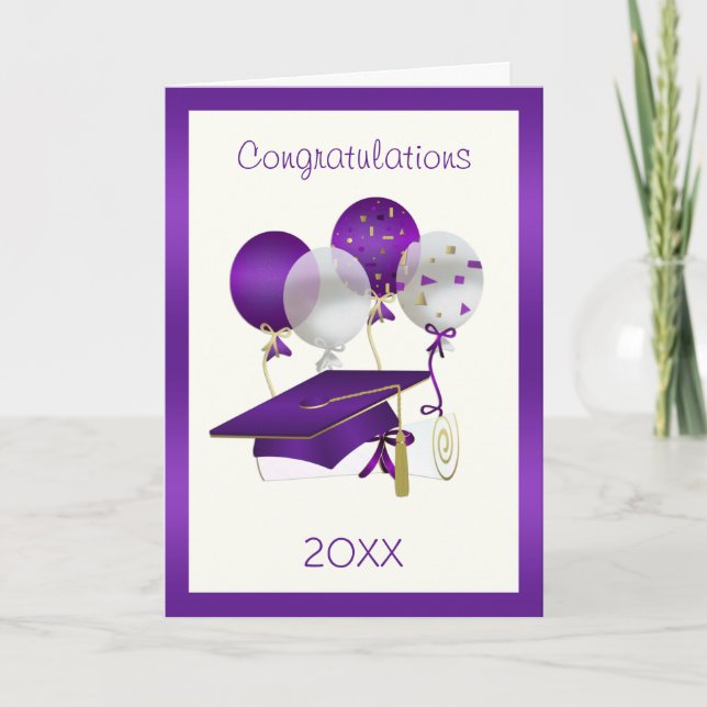 Purple balloons, mortar and diploma Graduation Card (Front)