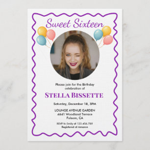 Purple Balloons Photo Sweet Sixteen Birthday Invitation