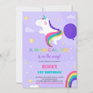 Purple Balloons Unicorn Birthday Invitations