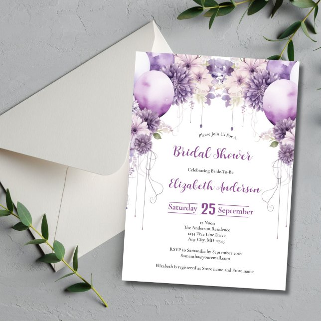 Purple Balloons Watercolor Florals Bridal Shower  Invitation (Purple Balloons and Flowers Arch Bridal Shower Invitation. Watercolor Elegant)