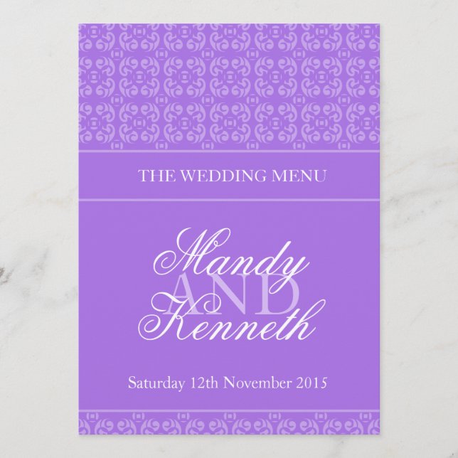 Purple banded patterned wedding dinner menu (Front)