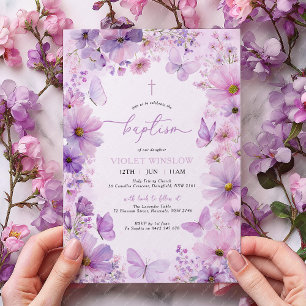 Purple Baptism Butterfly Floral Christening Girl Invitation