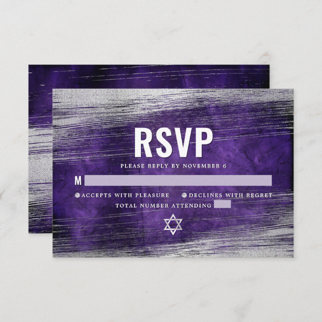 Purple Bar Mitzvah Modern Silver Foil Watercolor RSVP Card (Front/Back)