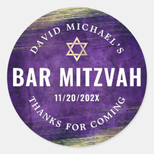 Purple Bar Mitzvah Watercolor Gold Foil Modern Classic Round Sticker