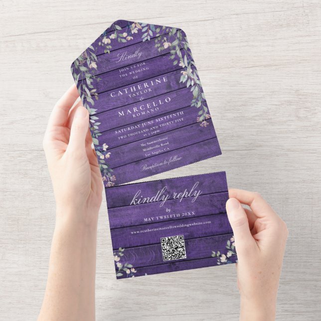 Purple Barn Rustic Wood Floral QR Code Wedding All In One Invitation (Tearaway)