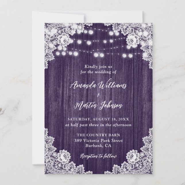 Purple Barn Wood Floral Lace String Lights Wedding Invitation (Front)
