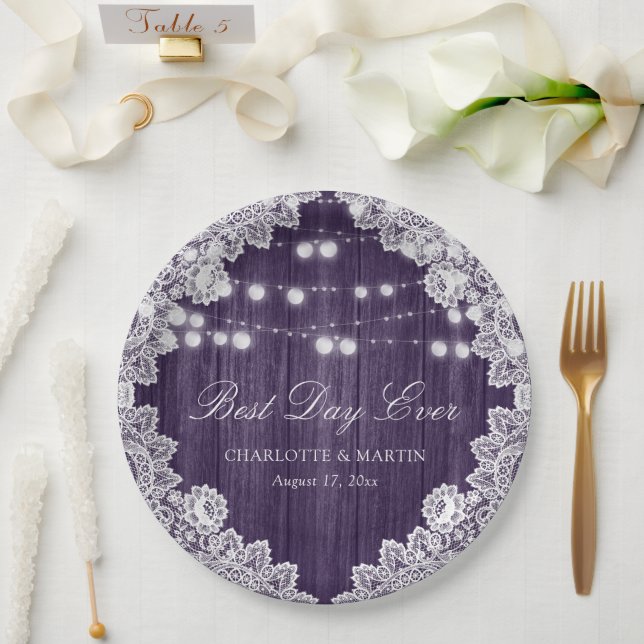 Purple Barn Wood Lace String Lights Wedding Paper Plate (Wedding)