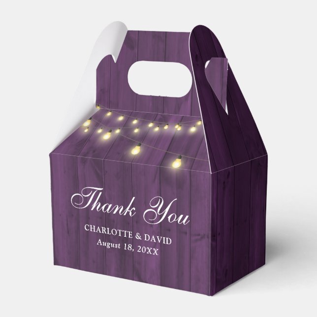 Purple Barn Wood String Lights Wedding Favour Box (Front Side)