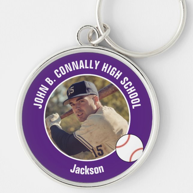 Purple Baseball Player Photo High School Spirit Key Ring (Front)