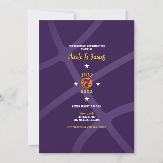 Purple Basketball Chic Minimal Sports Wedding    Invitation (Front)