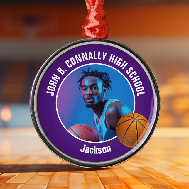 Purple Basketball Player Photo Christmas Metal Tree Decoration (Creator Uploaded)