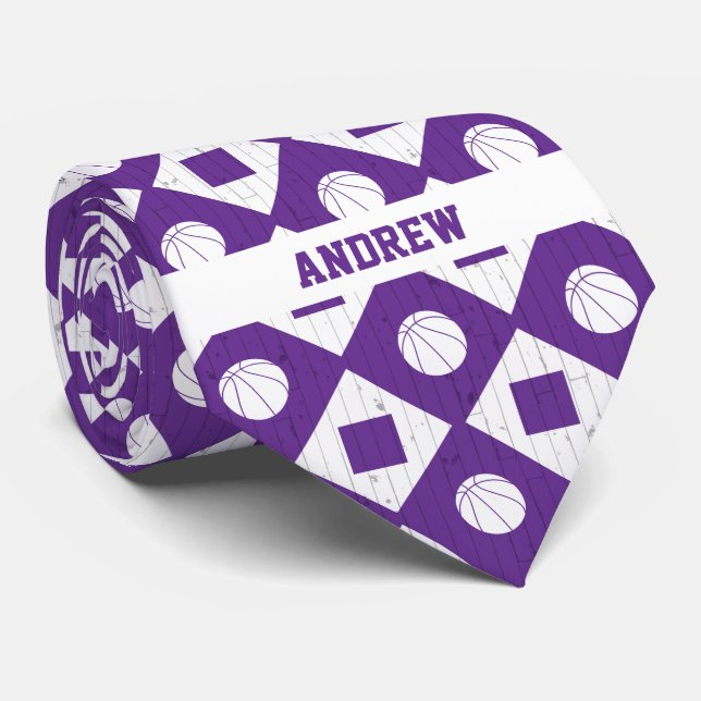 Purple Basketball Wood Floor Argyle Pattern Tie (Rolled)