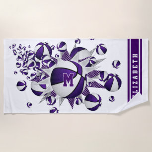 purple basketballs stars girls monogrammed beach towel