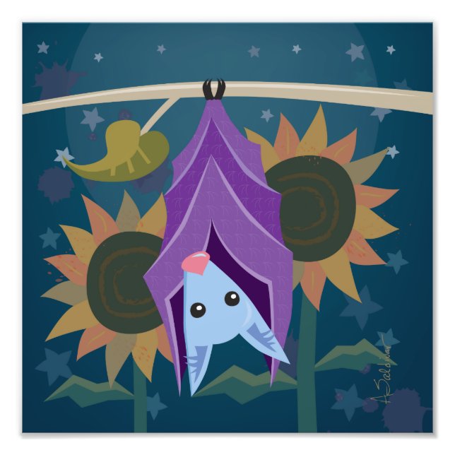 Purple Bat in Sunflower Field Square Art Print (Front)