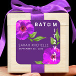 Purple Bat Mitzvah Bold Modern Floral Watercolor Square Sticker<br><div class="desc">Be proud, rejoice and celebrate this milestone of your favourite Bat Mitzvah! Use this sophisticated, chic, stunning, purple pink floral watercolor with simple, modern san serif type against a dark plum purple background sticker to add to her special day. Personalise the custom text with her name and date of event....</div>