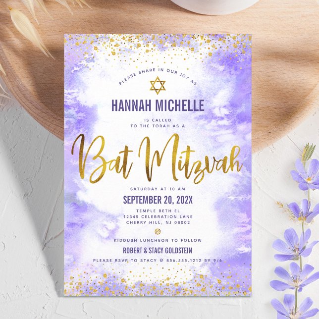 Purple Bat Mitzvah Gold Foil Watercolor Modern Invitation (Creator Uploaded)