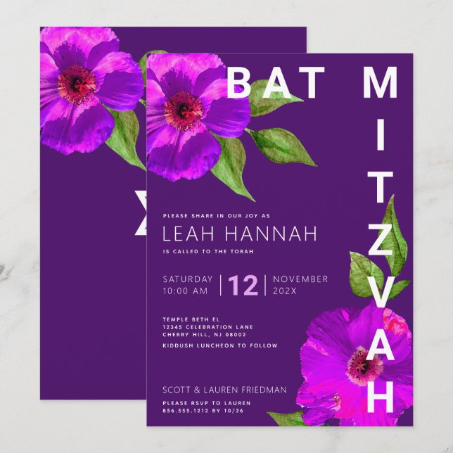 Purple Bat Mitzvah Modern Pink Floral Watercolor Invitation (Front/Back)