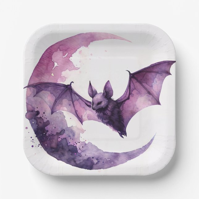 Purple Bat With Crescent Moon Watercolor Paper Plate (Front)