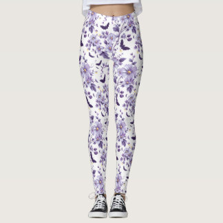 Purple Bats and Flowers Halloween Leggings