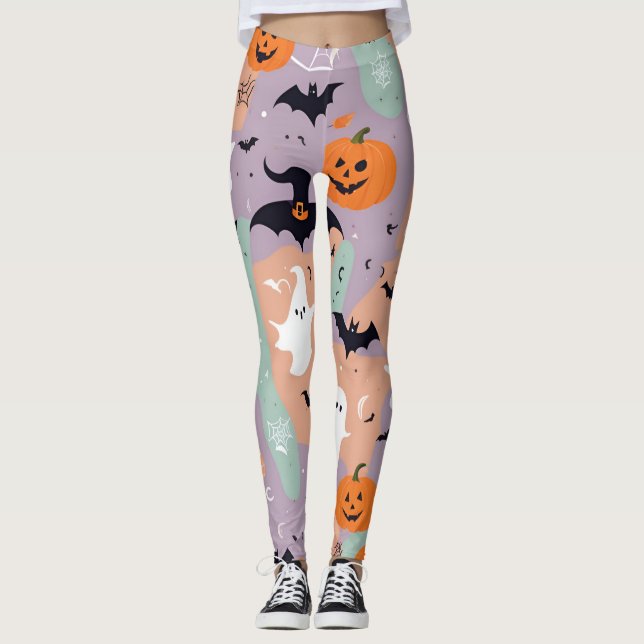 Purple Bats and Pumpkin Spooky Fun Halloween Leggings (Front)