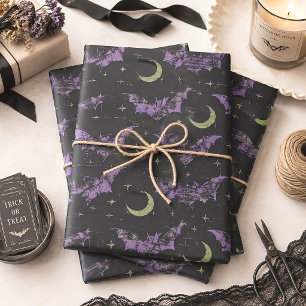 Purple Bats & Green Moon Gothic Halloween Wrapping Paper Sheet