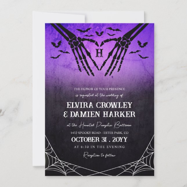 Purple Bats Skeleton Heart Goth Halloween Wedding Invitation (Front)