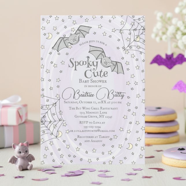 Purple Bats Spooky Cute Baby Shower Invitation (Spooky Cute Baby Bats Halloween Baby Shower. Baby Bats, Webs, Stars & Moons. Girly Watercolor Purple)