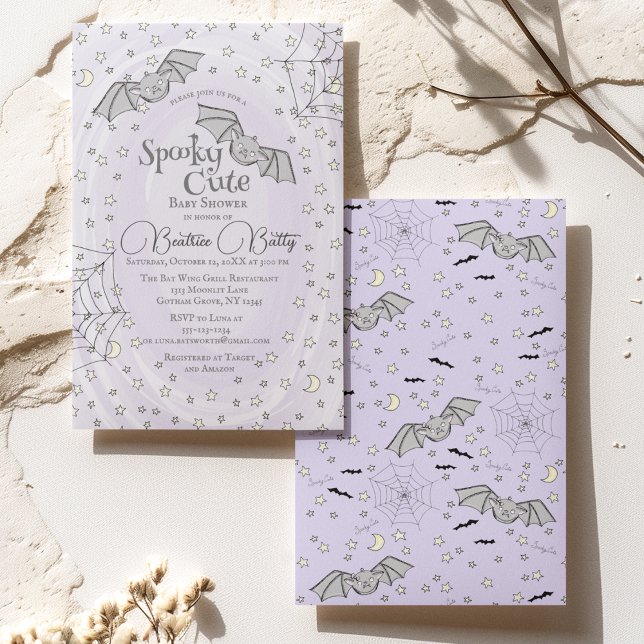 Purple Bats Spooky Cute Baby Shower Invitation (Spooky Cute Baby Bats Halloween Baby Shower Invite. Bats, Stars, Moons, Spiderwebs on Pastel Purple.)